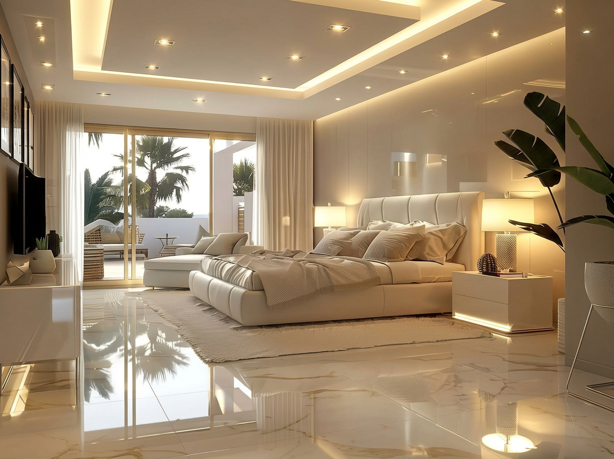 Luxury interior with bespoke ceiling and marble floor