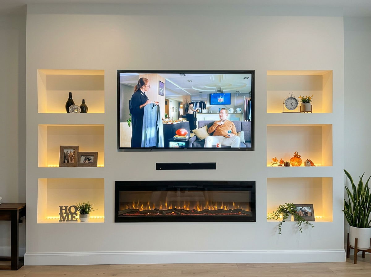 Custom feature wall with built-in fireplace and recessed shelving